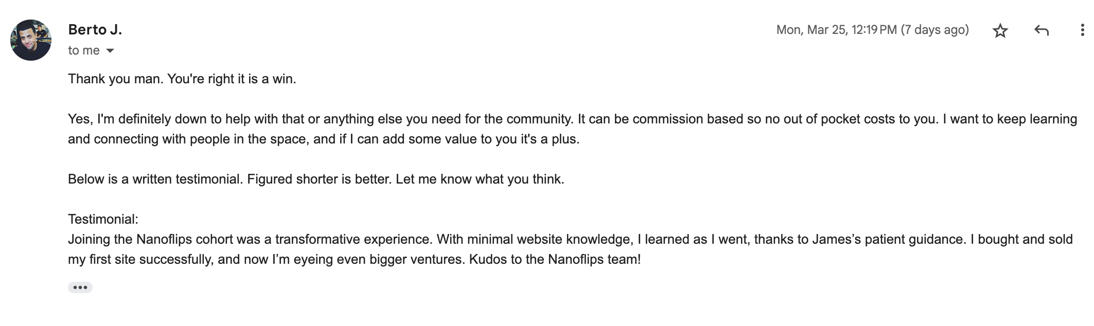 Berto testimonial - bought and sold first site