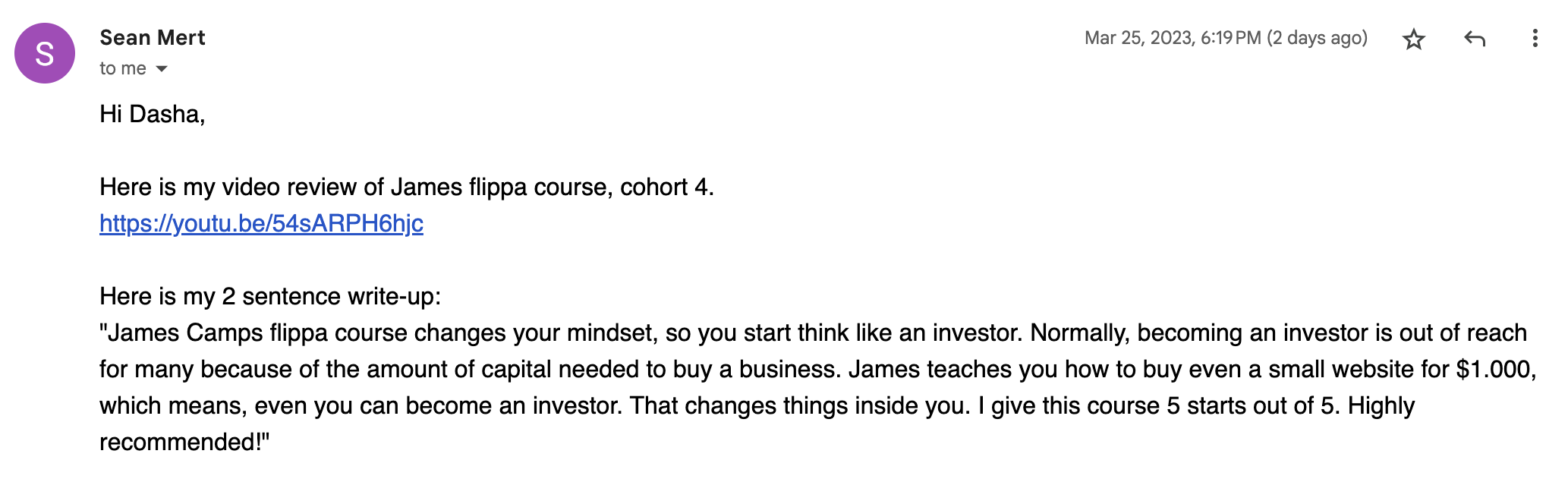 Sean testimonial - changed investor mindset