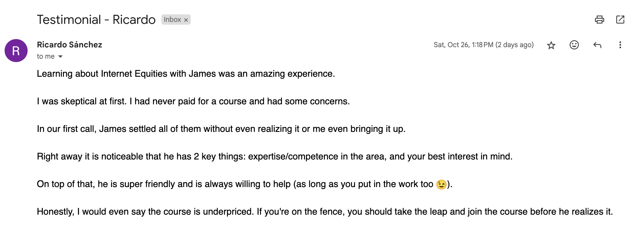 Ricardo testimonial - expert guidance